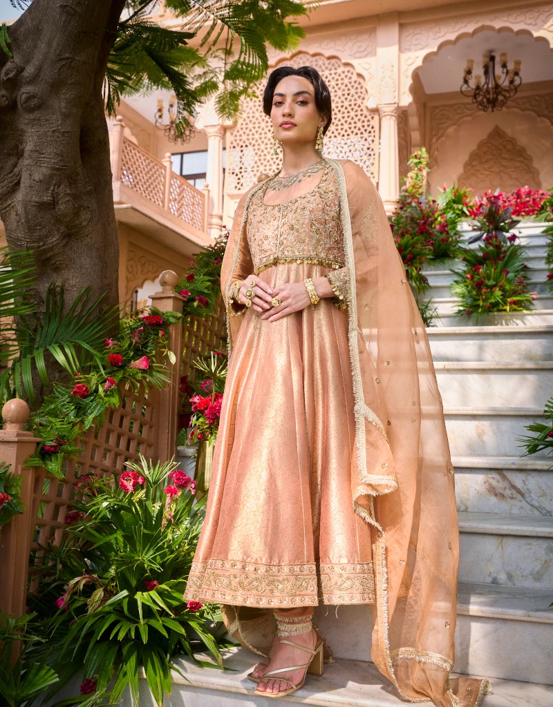 Gold Bandhgala Anarkali Set by Manvi Kapoor B
