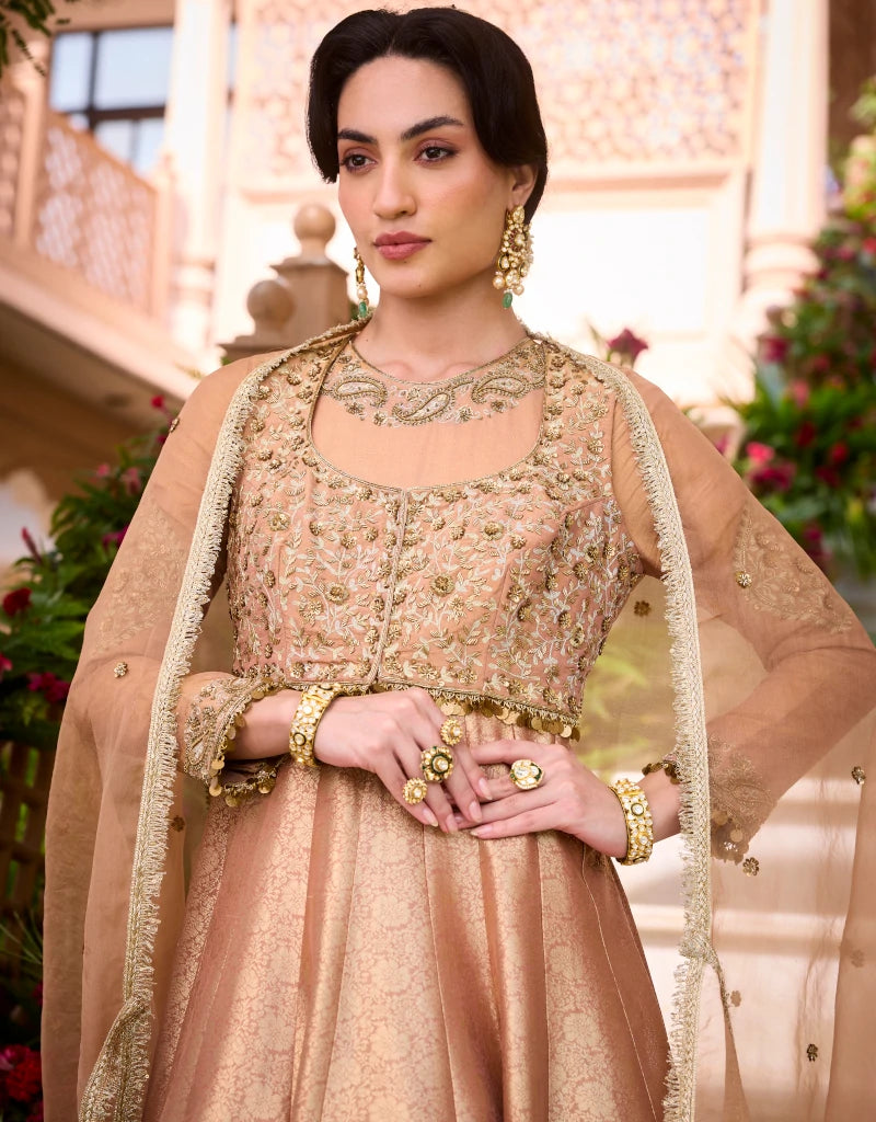 Gold Bandhgala Anarkali Set by Manvi Kapoor C