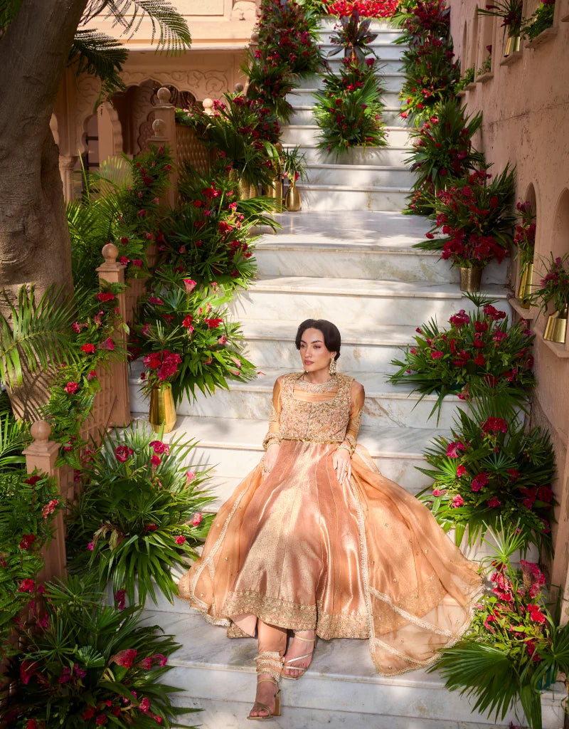 Gold Bandhgala Anarkali Set by Manvi Kapoor G