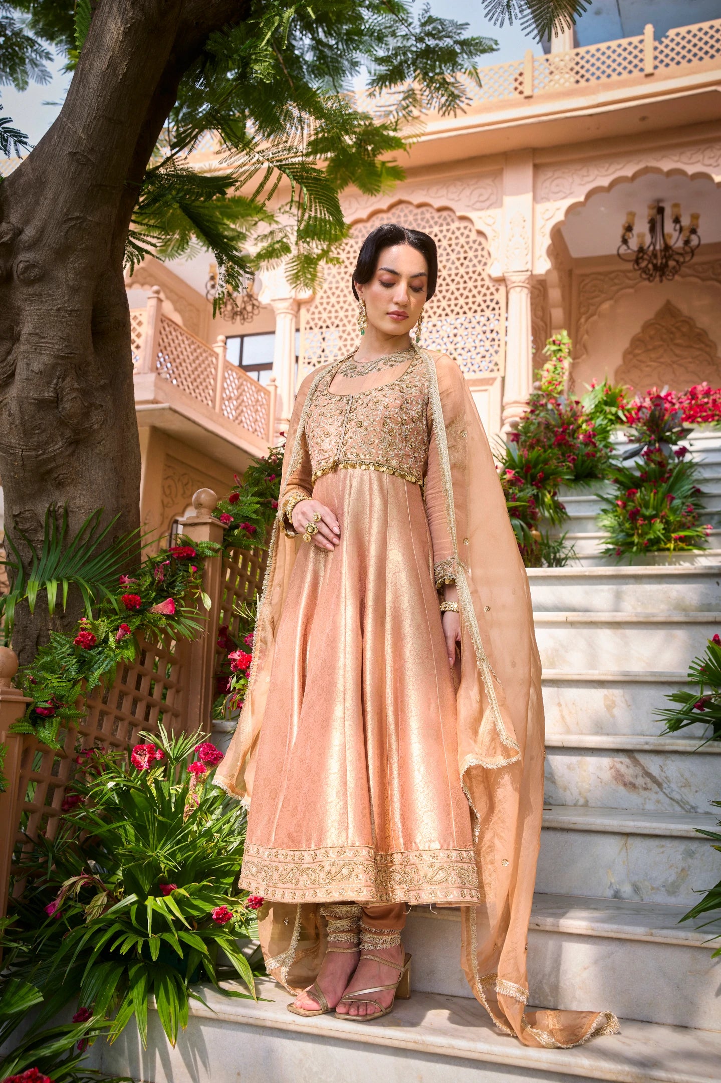 Gold Bandhgala Anarkali Set by Manvi Kapoor A