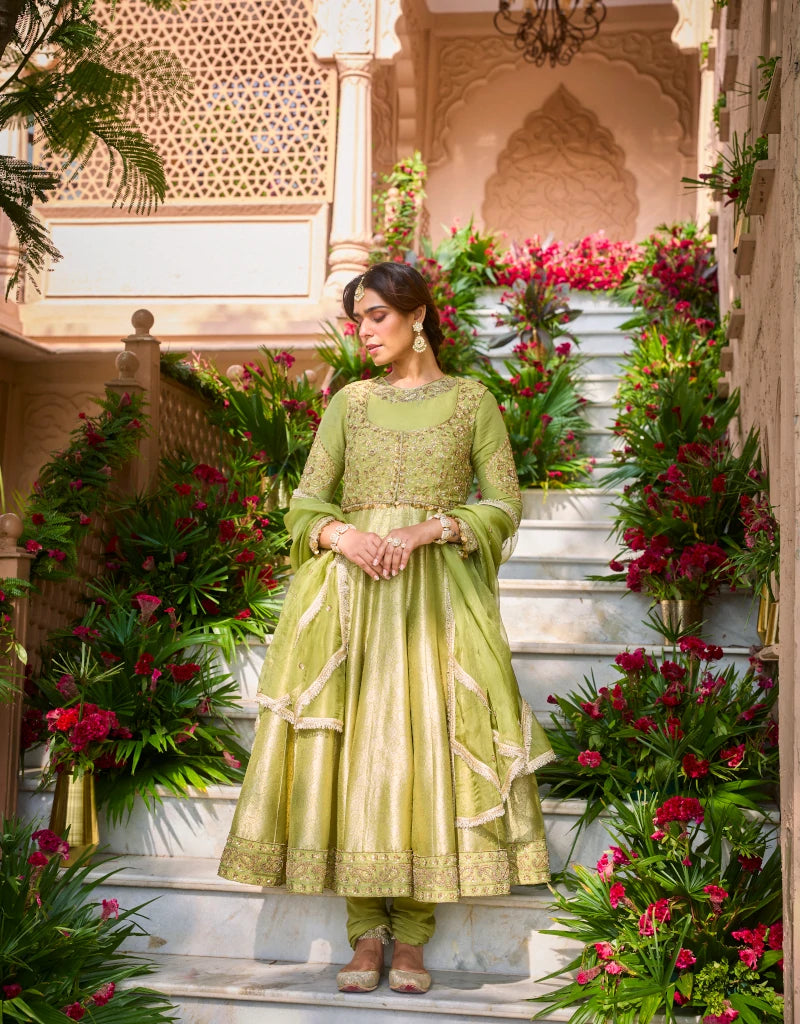 Green Bandhgala Anarkali Set By Manvi Kapoor B