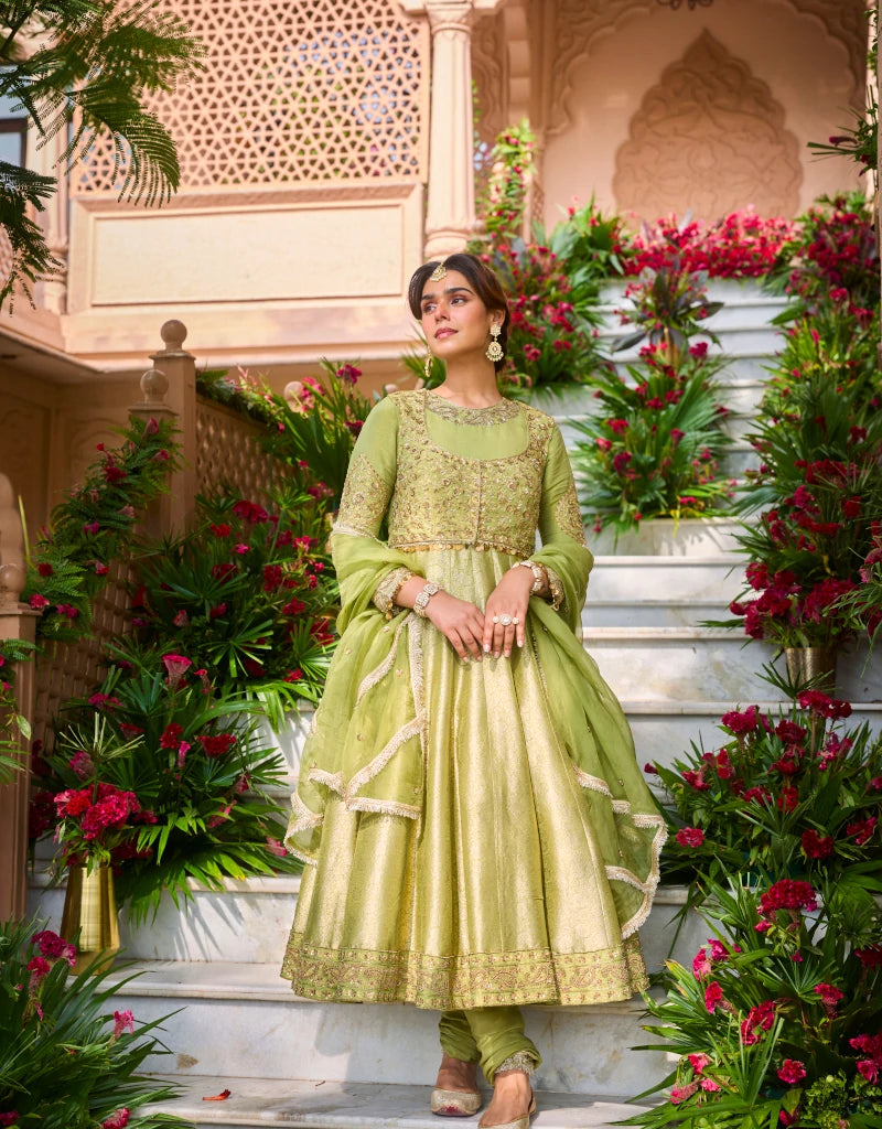 Green Bandhgala Anarkali Set By Manvi Kapoor C