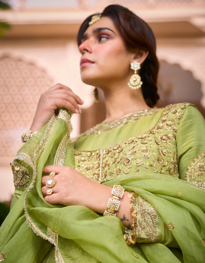 Green Bandhgala Anarkali Set By Manvi Kapoor D