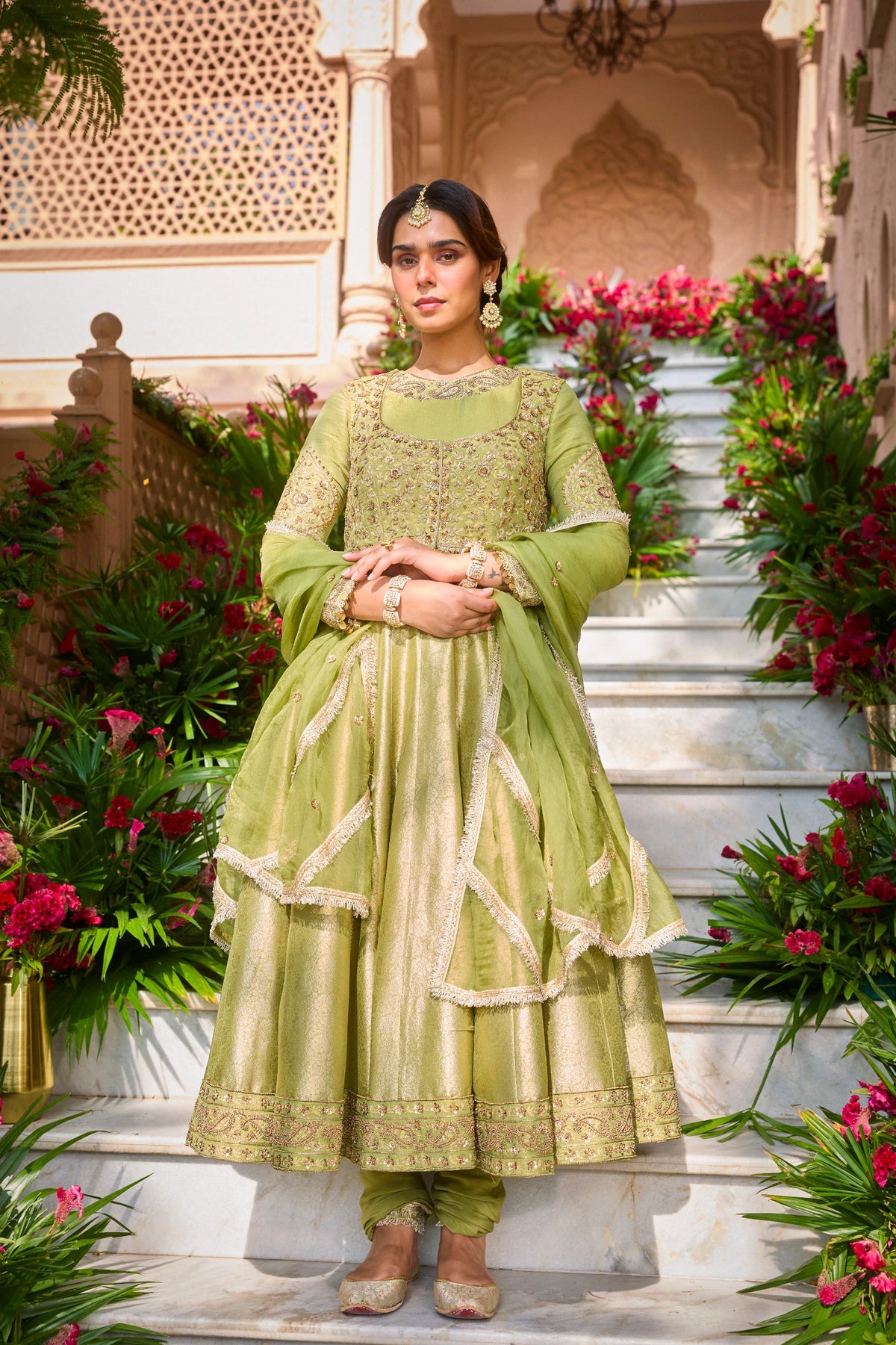 Green Bandhgala Anarkali Set By Manvi Kapoor A